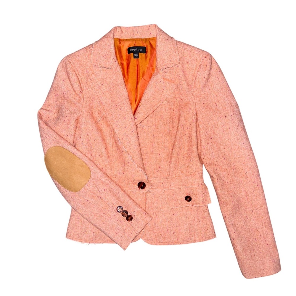 Bebe Wool Tweed Blazer Jacket Elbow Patches Raw Edge Coquette Y2K Office Siren